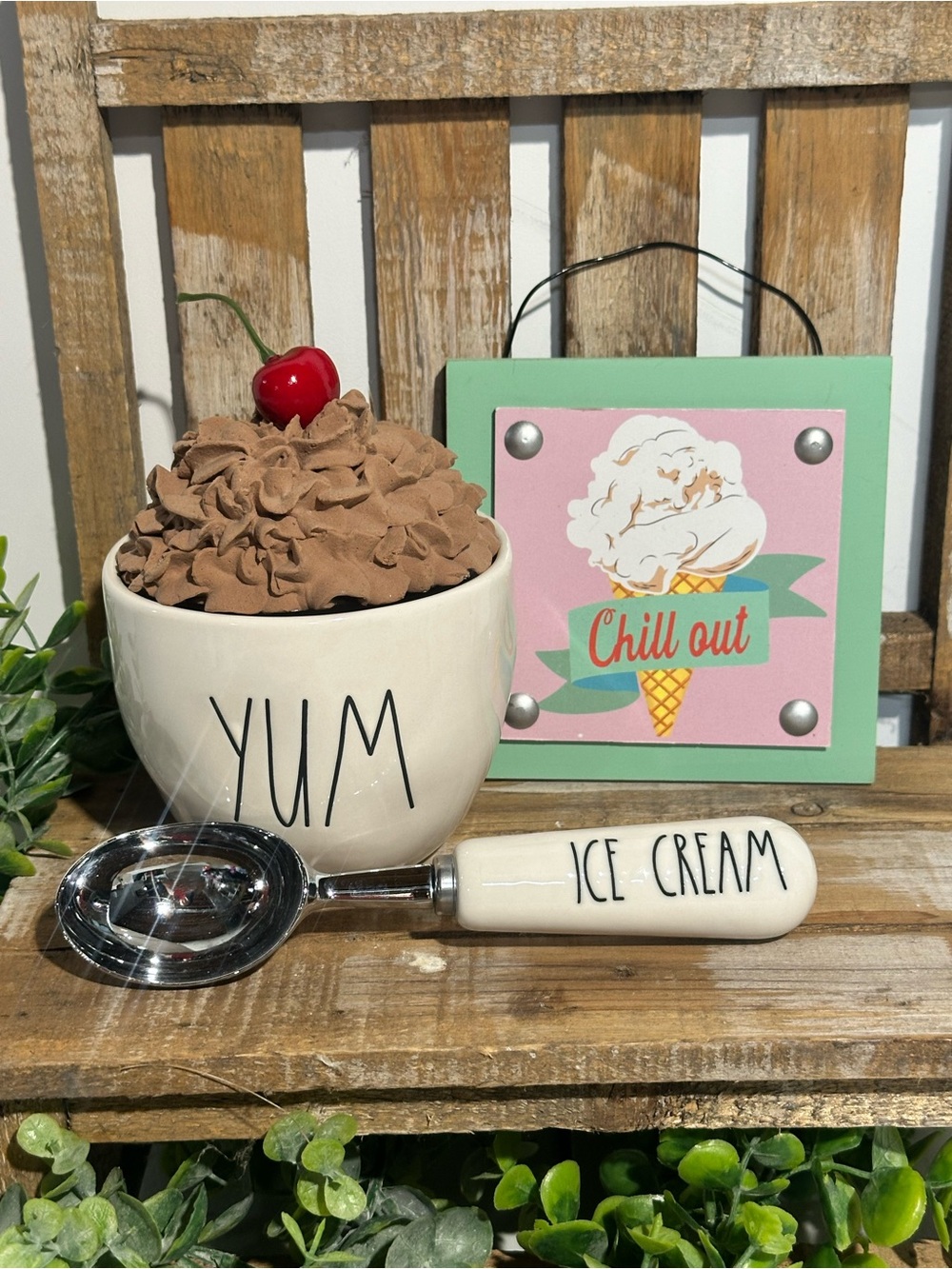 Rae Dunn “YUM” Ice Cream Bowl & Scoop Set with Cherry Topper & Sign